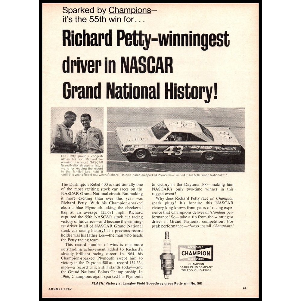 1967 Champion Spark Plugs Vintage Print Ad Richard Petty Rebel 400 Wall Art